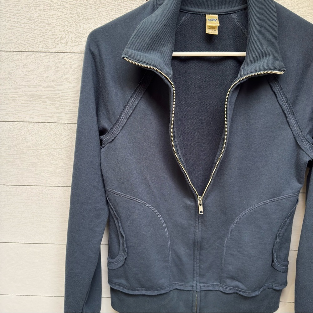 Kavio Fitted Full Zip Mock Neck Jacket Teal Blue Cotton Athleisure Size M - Picture 4 of 7